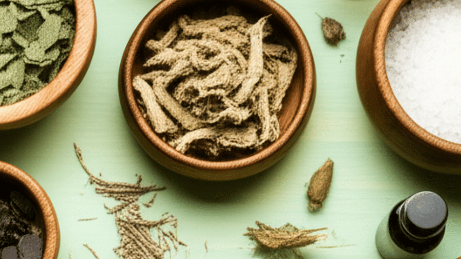 various Ayurvedic ingredients, including powders, liquids, herbs, and roots in small bowls, arranged on a surface