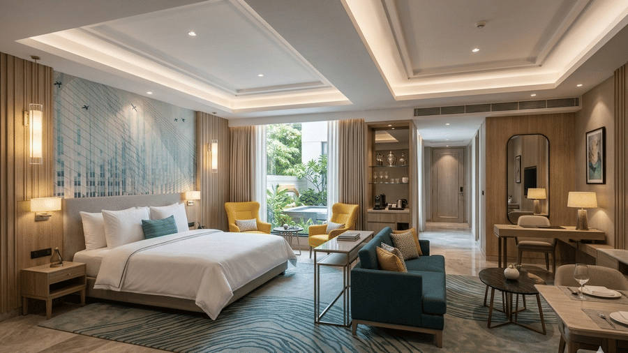A Junior Suite at KPG Sarovar Portico, Raj Nagar Extension, Ghaziabad, featuring a living area with upholstered seating, a dining table, and a king size bed in the background.