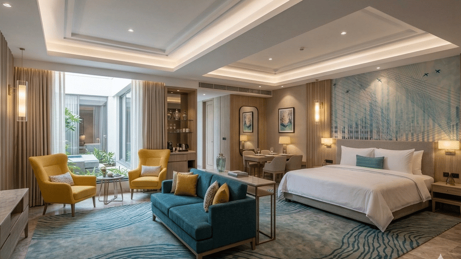 A spacious Junior Suite at KPG Sarovar Portico, Raj Nagar Extension, Ghaziabad, hotel including a sleeping area with 1 bed and a separate lounge area with a sofa and 2 armchairs.