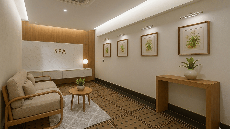 The spa's waiting area with a sofa, side tables, and decor at BluSalzz Collection - Casa Onze, Arpora.