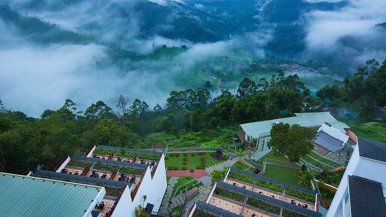  Aerial view of the hotel nestled among trees, with a breathtaking mountain vista in the background