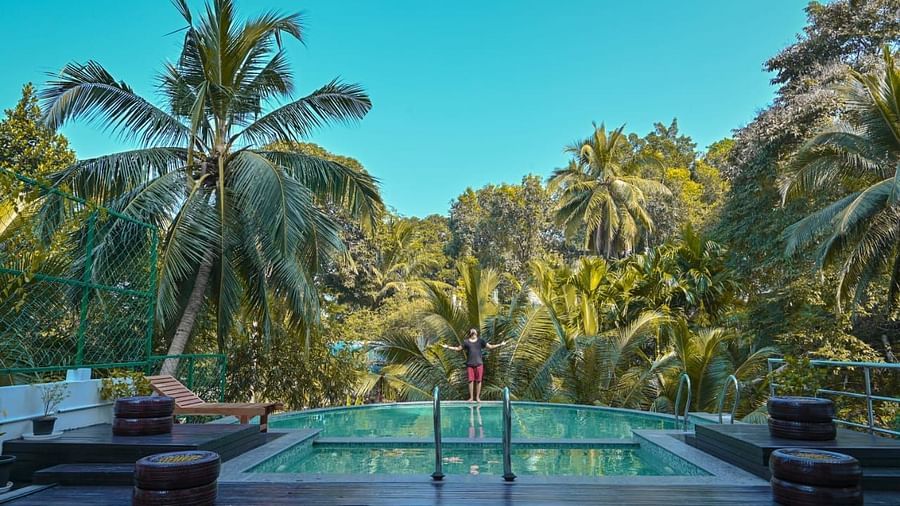 A serene outdoor swimming pool nestled amongst dense tropical foliage and palm trees under a clear blue sky - Sea Hills Hotels, Sri Vijaya Puram (Port Blair)