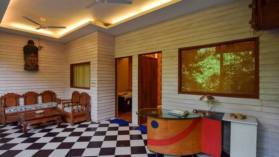 Hotel lobby with a checkerboard floor.