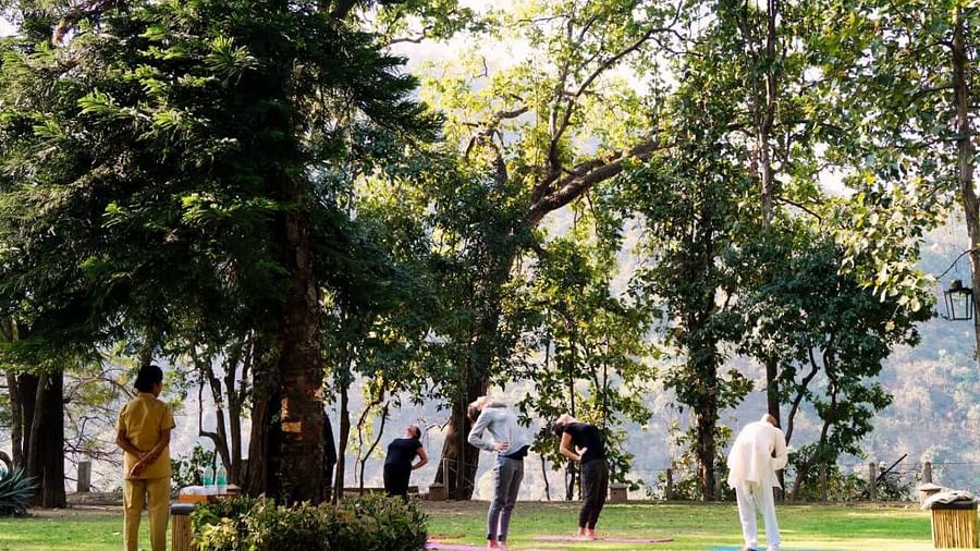 a group of people performing yoga aasan