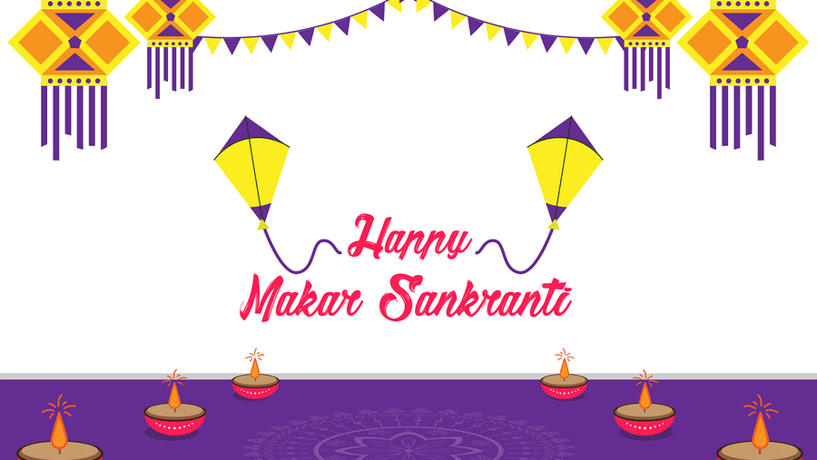 Creative Makar Sankranti poster with colourful lanterns and festive background design.