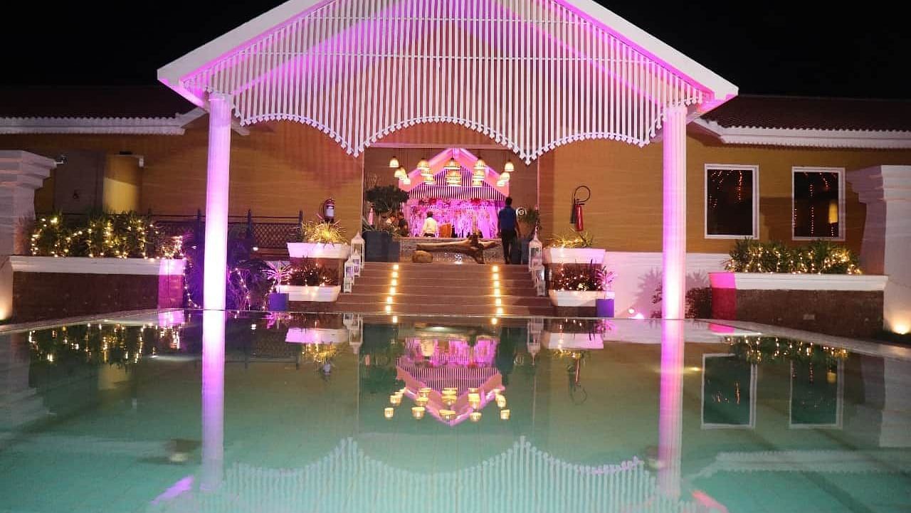 Lighting done at the entrance of a banquet hall at Swosti Resorts