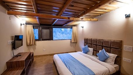 A wooden-ceiling bedroom with a double bed, window view, and TV