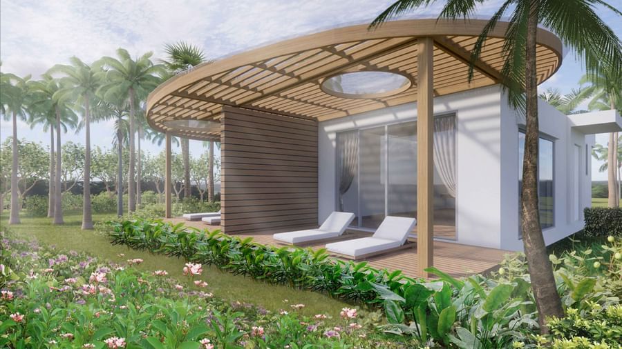Ramada Resort by Wyndham Khao Lak's bungalow with a slatted pergola, white lounge chairs, and sliding glass doors.