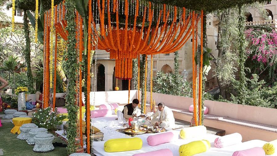 Deo Bagh - 17th Century, Gwalior - a wedding setup with two men planning out a ritual