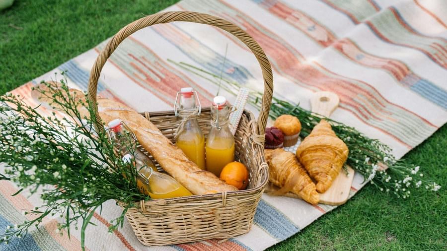 A picnic blanket with a hat, a basket of food, and a drink is laid out on a vibrant green lawn.