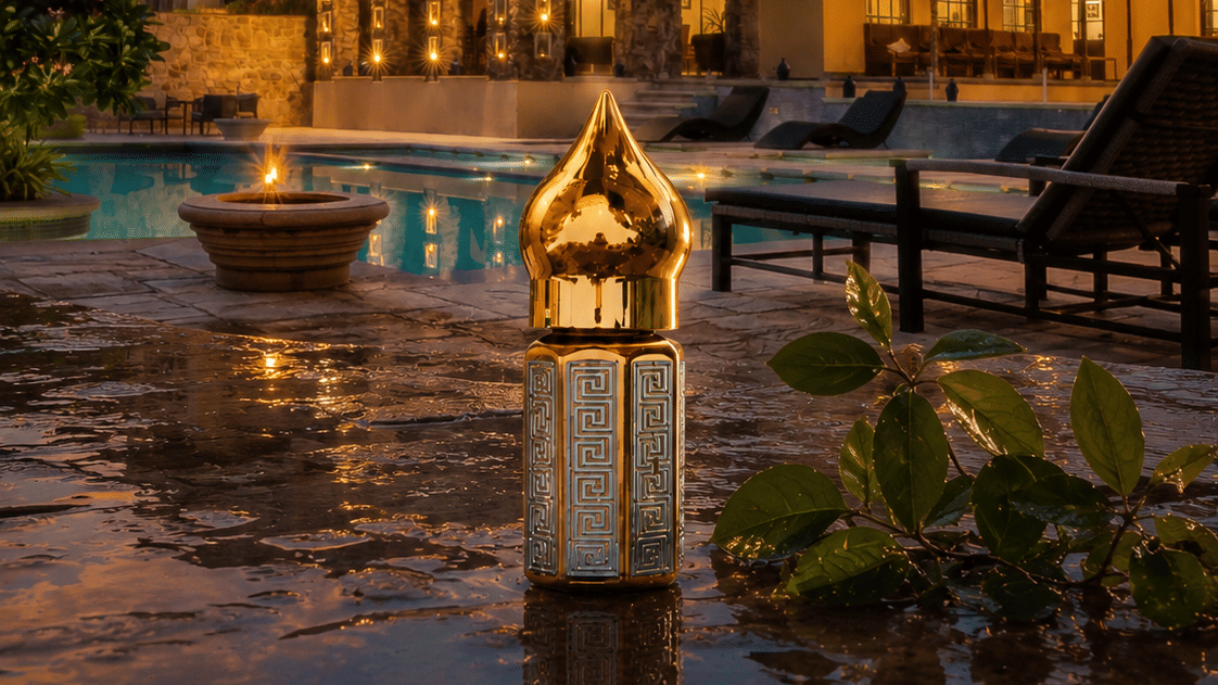 Juna Mahal signature attar bottle beside a pool, reflecting the warm ambience of the property after rain in Ranthambore.