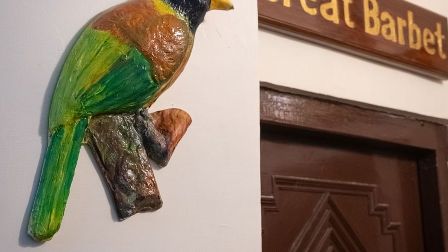 Two bird figurines on the wall at the hotel entrance at The Pavilion, Nainital