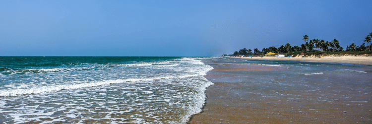 A view of Varca Beach, one of the most popular beaches in South Goa, with the foamy waves crashing on the shoreline with trees in the distance and blue sky above.