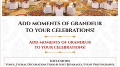 Print advertisement for The Bristol Hotel, Gurgaon showing a banquet hall set for a wedding with round tables, gold chair sashes, and a patterned ceiling.