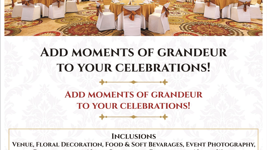 Print advertisement for The Bristol Hotel, Gurgaon showing a banquet hall set for a wedding with round tables, gold chair sashes, and a patterned ceiling.
