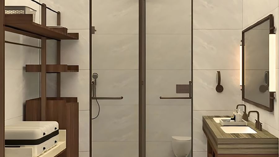 Spacious bathroom in Sanctuary Suites at The Riverview Retreat, Corbett with modern fittings, double vanity, and elegant interiors.