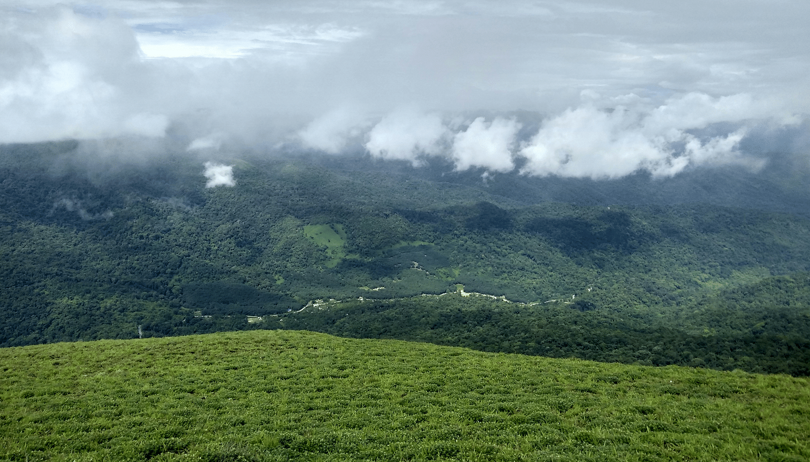 Image of a hilltop view with lush greenery, a vast landscape, and clouds looming above