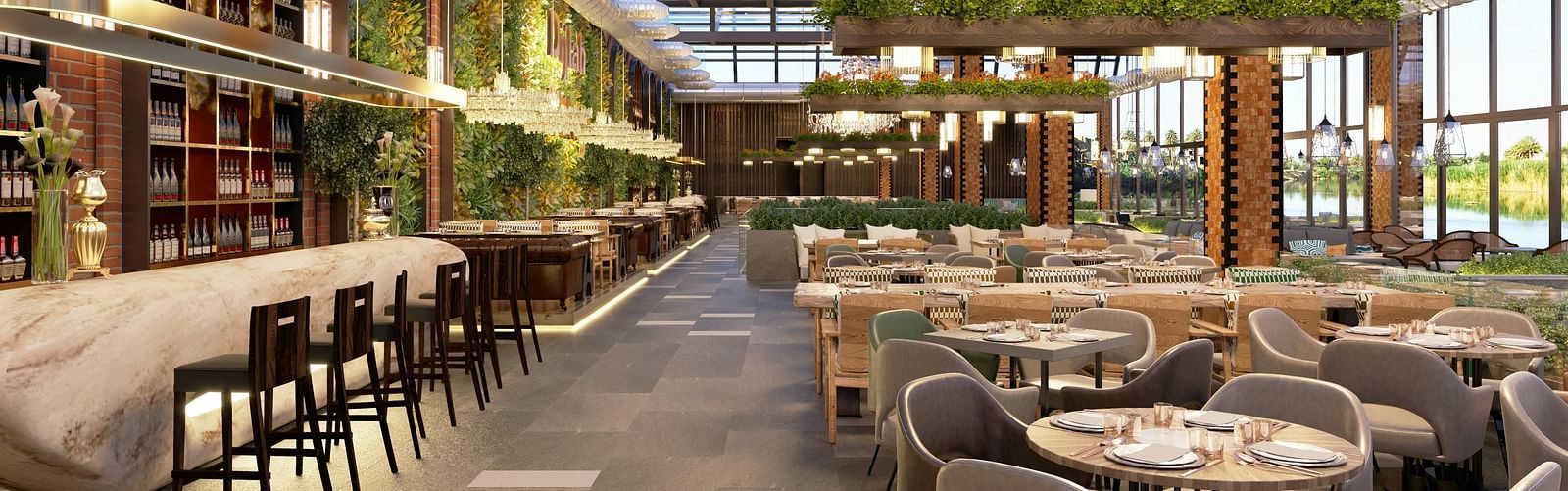 A restaurant showcasing seating arrangements with floral decoration and expansive windows
