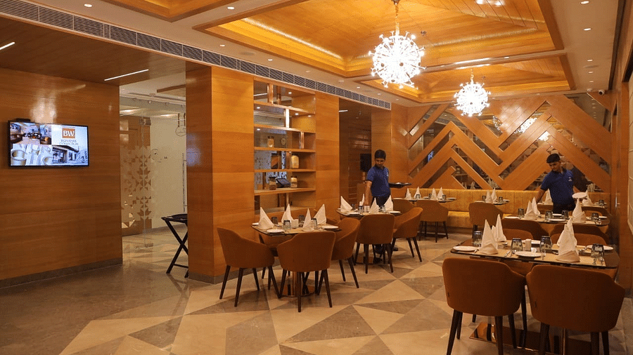 comfortable seating space at a restaurant in vrindavan