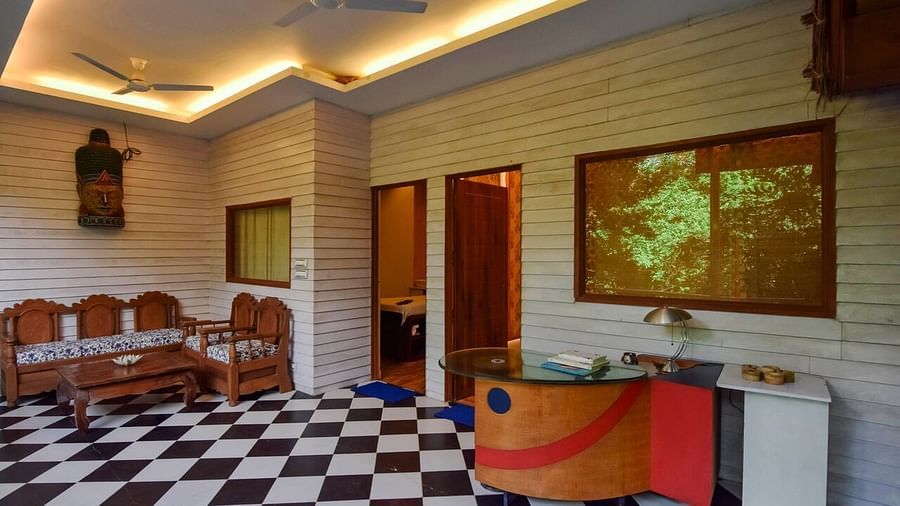 Hotel lobby with a checkerboard floor.