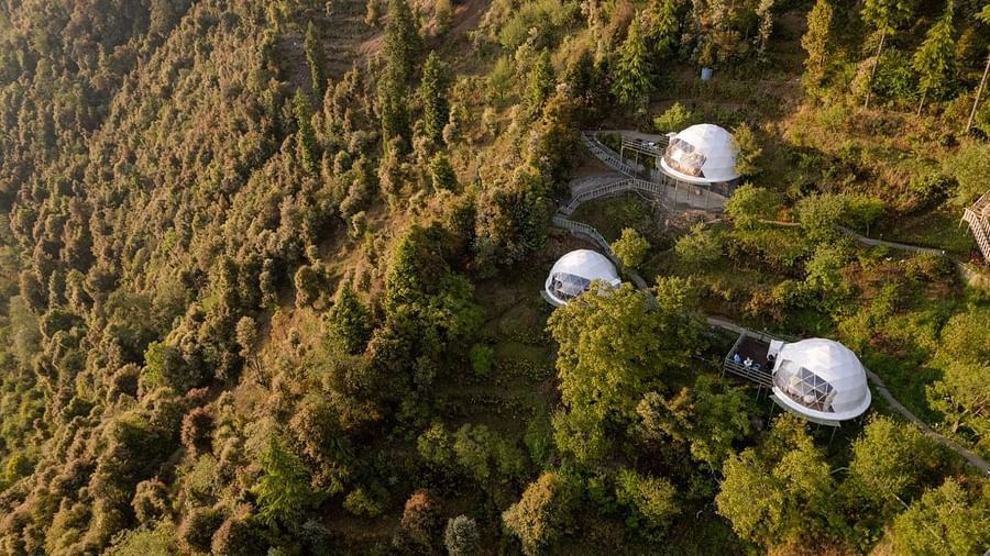 An image of three dome style separate bedroom and a pathway leading to one another amidst a lush garden