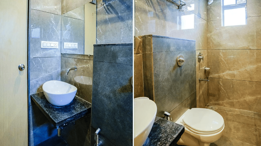 Compact bathroom with modern fittings including sink, toilet and shower at Shyanu Lords Eco Inn Airoli.