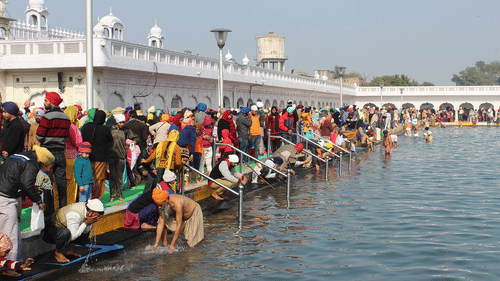 Devotees cleansing themselves in a holy pond adjacent to a Sikh temple
