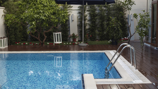 An outdoor swimming pool with wooden pool deck, surrounded by plants at the corner.