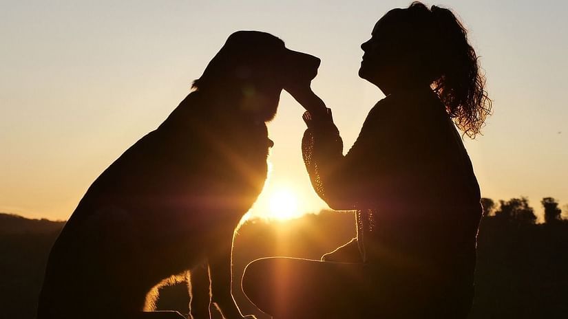 A women petting a dog 