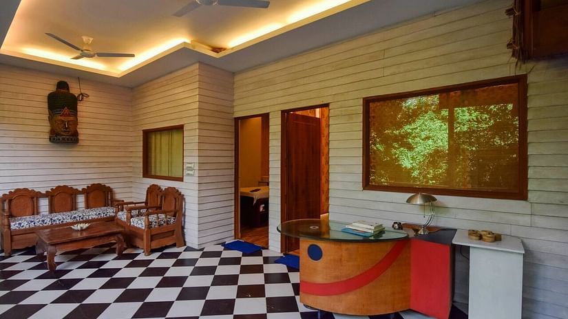 Hotel lobby with a checkerboard floor.