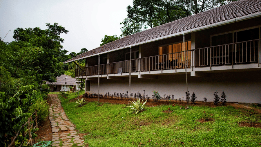 A stone pathway leads to the Garden Facing Cottages in Wayanad with a sloping roof, surrounded by greenery at Abad Brookside Lakkidi, Wayanad.