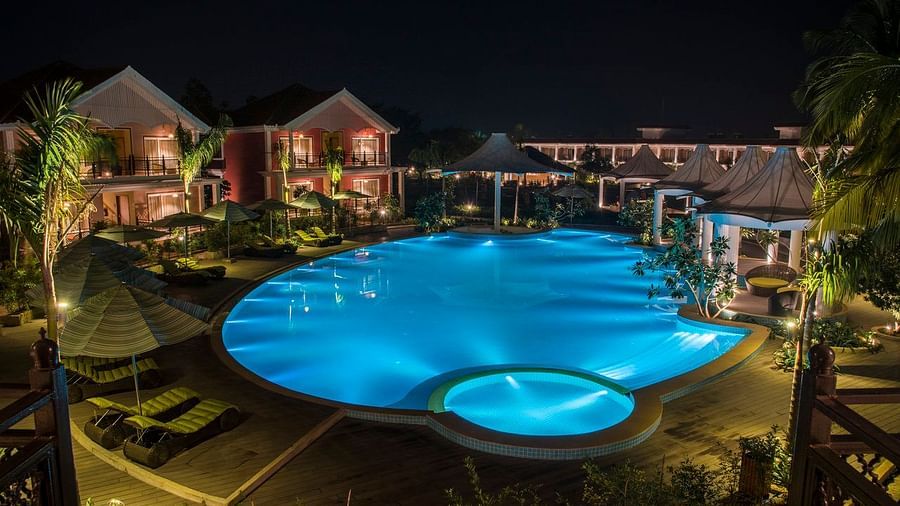 Sub-aerial view of the swimming pool at Swosti Chilika Resort at night