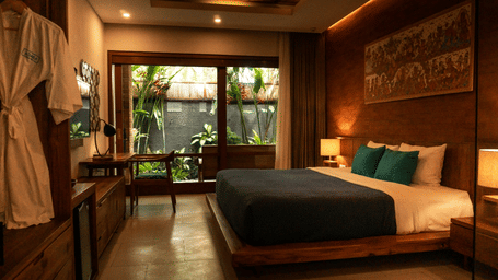 Warmly lit boutique hotel room with rich dark wood panelling, a king-sized bed, and a private balcony view.