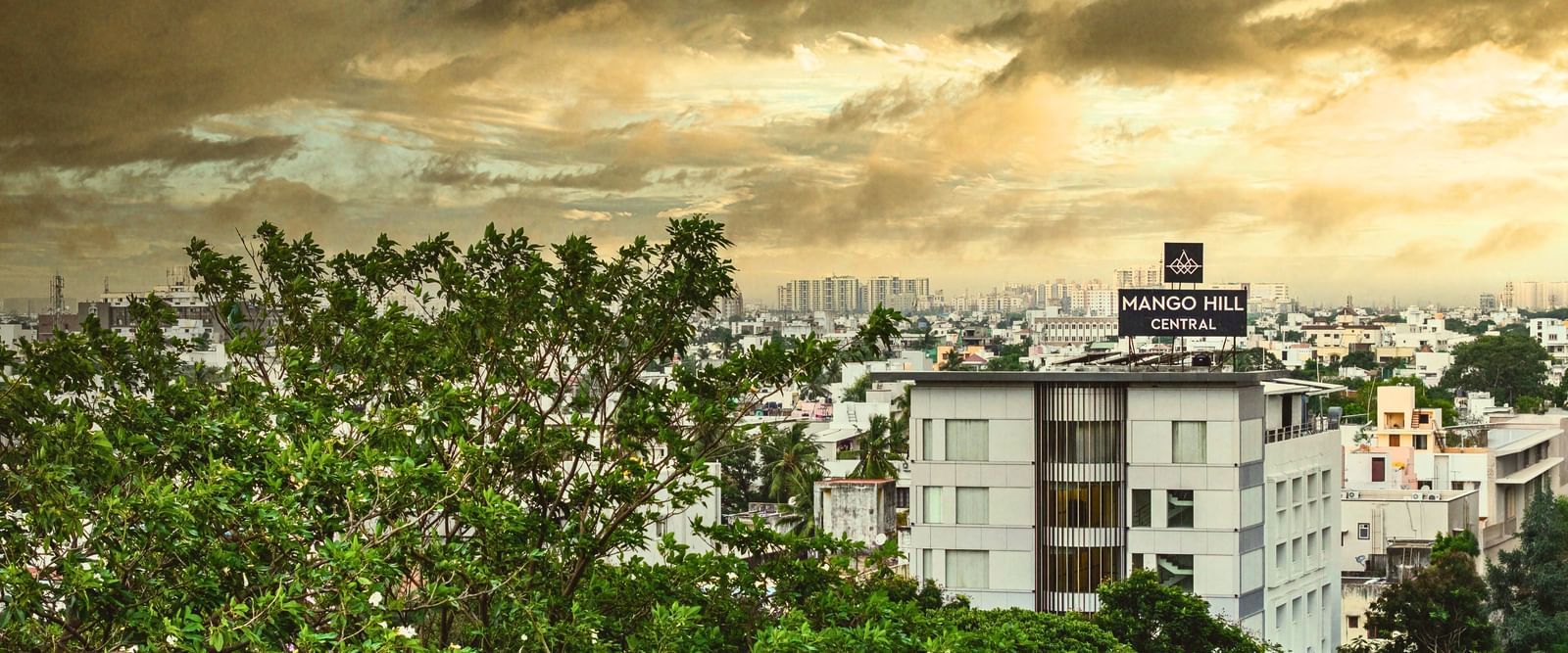 A view of the city of Chennai from a high vantage point, showing buildings and green trees under a cloudy sky.