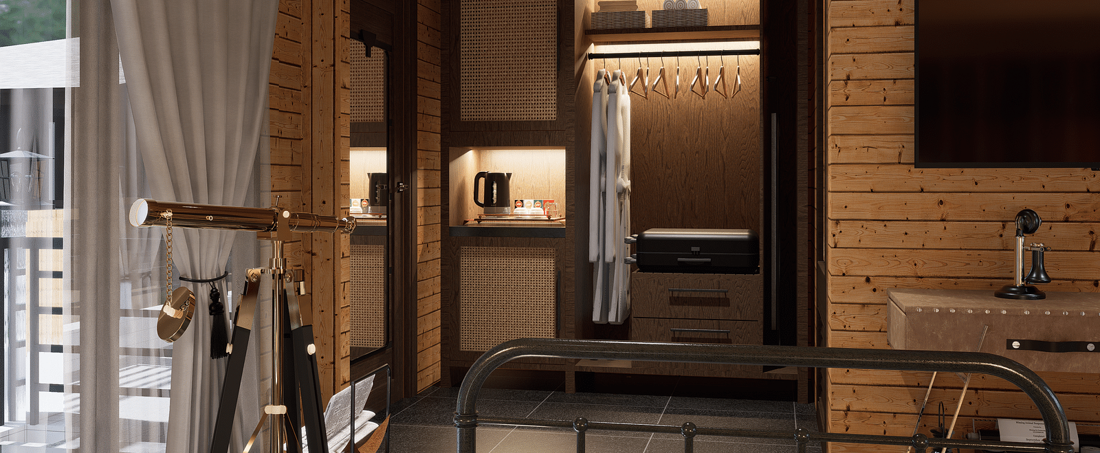 A bedroom with a wardrobe, hanging clothes, a television, and a balcony with a curtained door - Rhino and River BluSalzz Collection, Pobitora