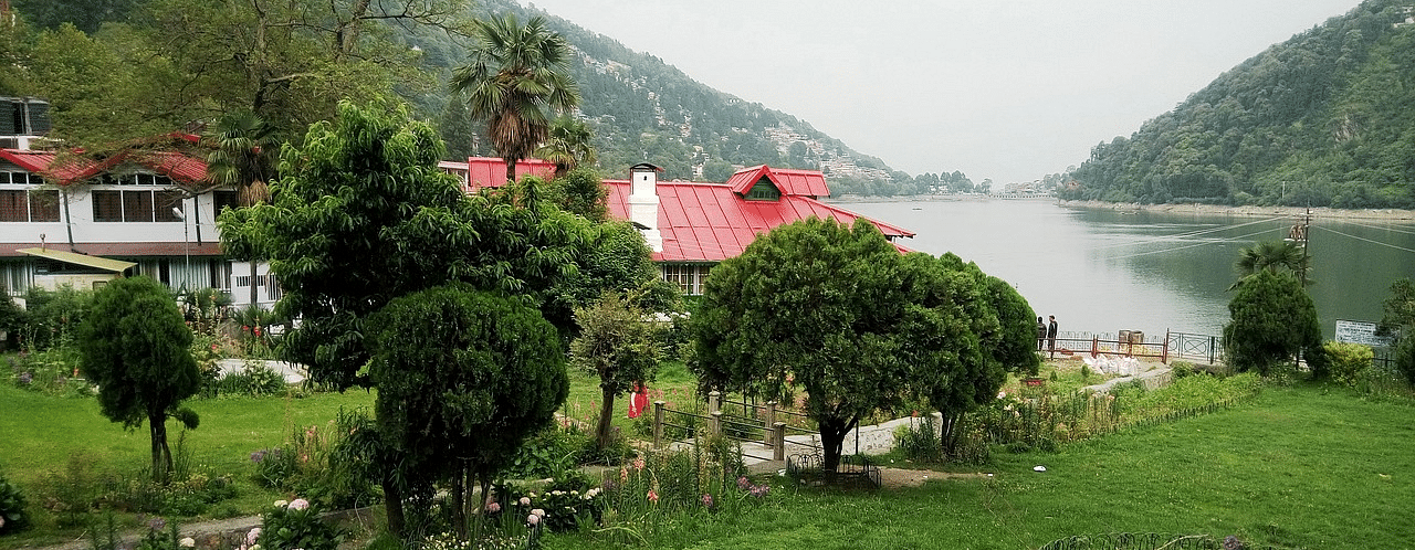 An image of a lake side with trees and plants around as well as a few houses and buildings