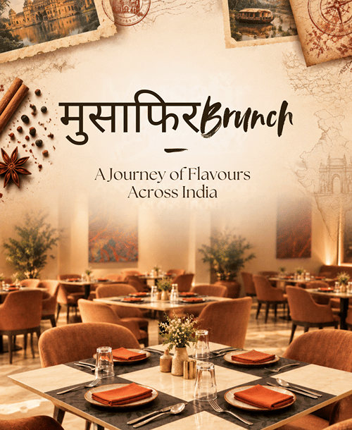 Pride Premier Nagpur poster for Musafir Brunch, a journey of flavours across India, showing a restaurant table set with red napkins and warm lighting.