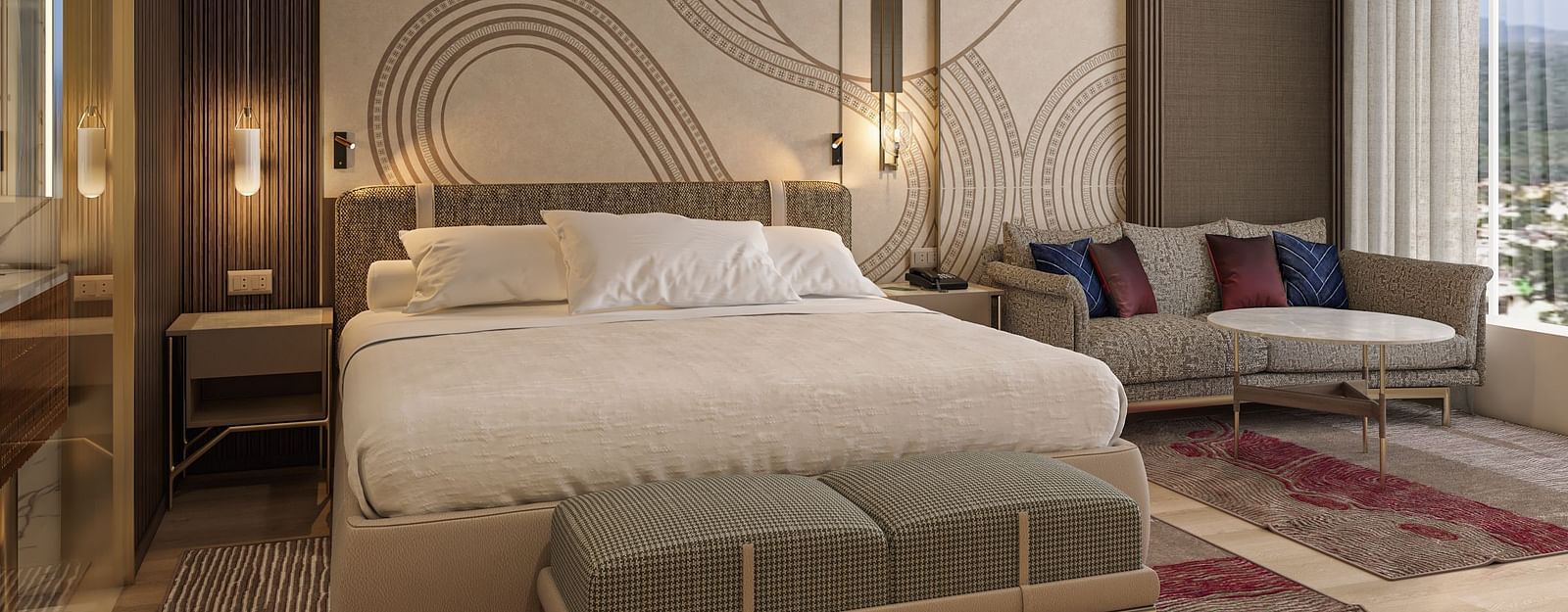 A spacious guest room with a double bed, soft accent lighting, modern decor, and a sofa by the window at Merlis Hotel, Coimbatore