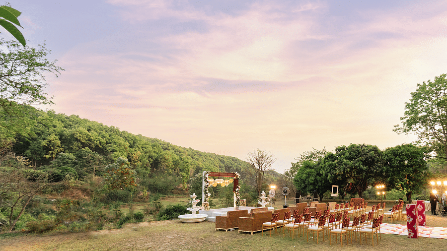 A view of a wedding setup in the lawn at The Sylvan Retreat, Dehradun.