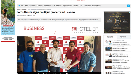 An article by BW Hotelier showcasing Lords Hotels signs boutique property in Lucknow.