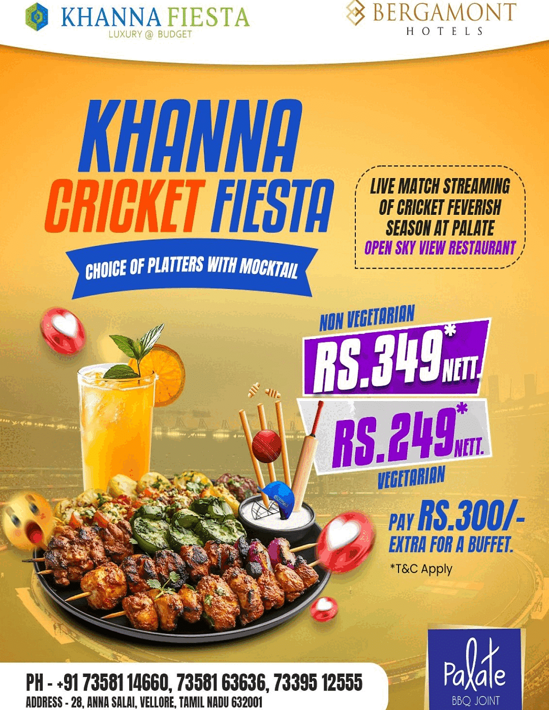 Banner image showcasing text for the upcoming 'Khanna Cricket Fiesta' along with visuals of food and beverages