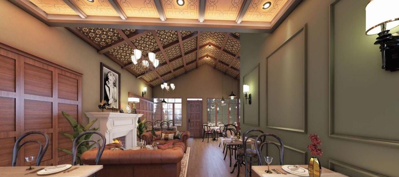 Elegant restaurant interior with a vaulted woven ceiling, classic panelling, and formal dining tables under warm lighting at BluSalzz Terrah Hills Resort, Dalhousie.