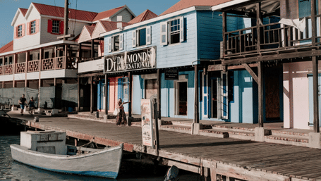 Colorful buildings line a waterfront with boats docked.