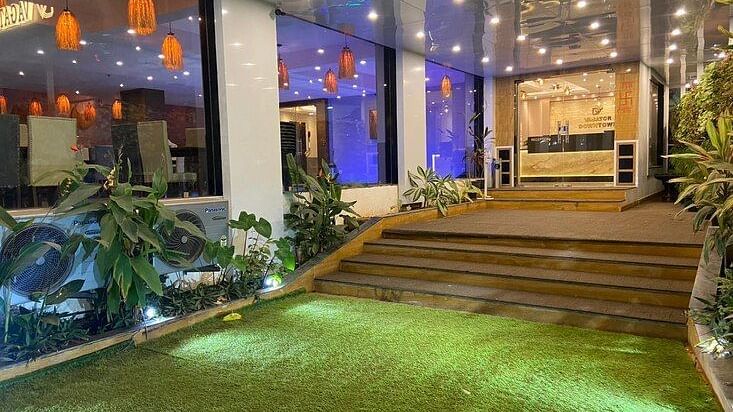 Lobby with carpeted entrance and ceiling lights at Vagator Downtown, Goa 