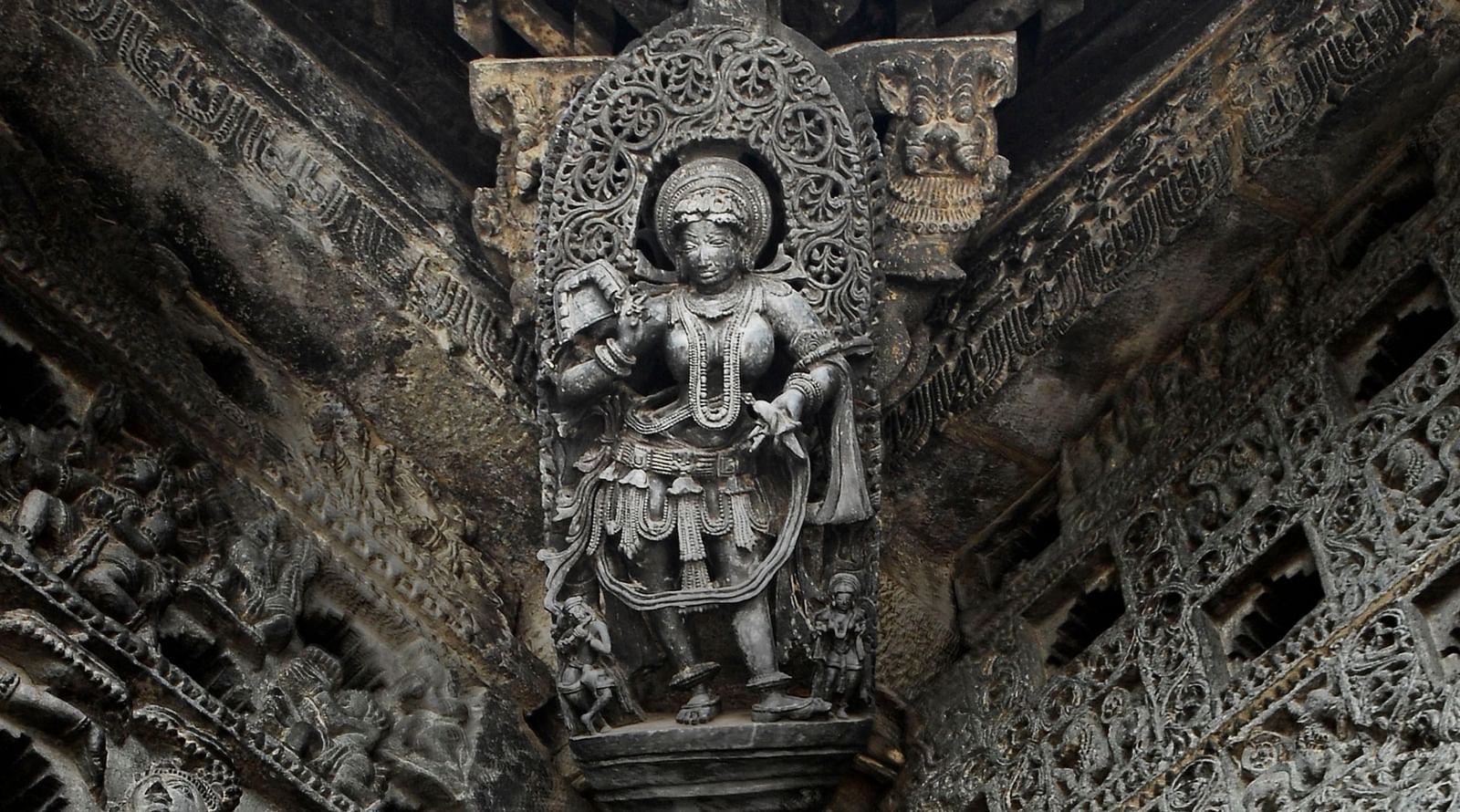 stone carvings at the ceiling of a temple