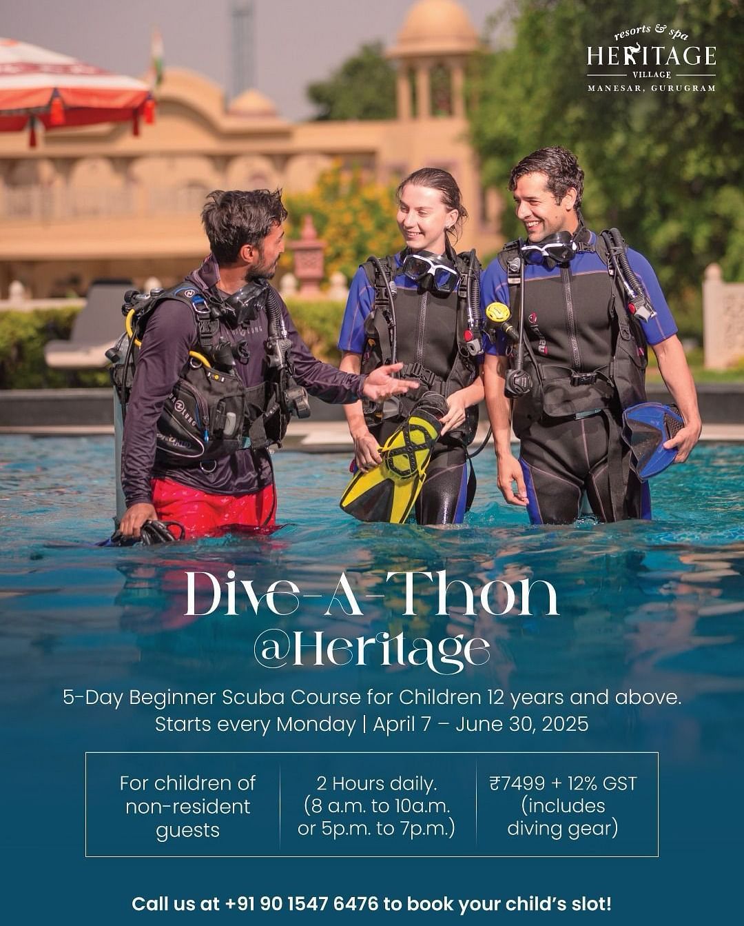 Three people in scuba gear stand in a swimming pool, with a building in the background. The image includes text promoting a 5-day diving program for children, with dates, age range, and contact information. The event is called Dive-A-Thon at Heritage.