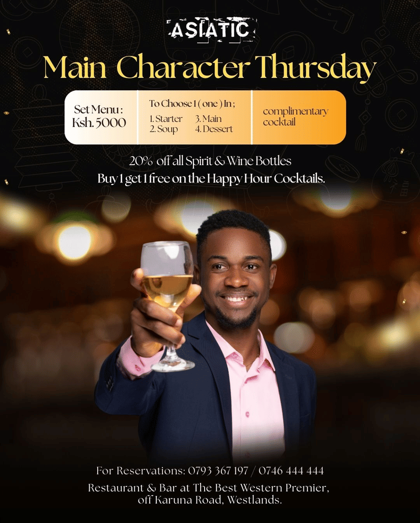 Promotional poster for main character thrusday featuring a glass filled with a beverage, with the offer timings from 5pm to 9pm on weekdays, all day on weekends, and other contatct information.