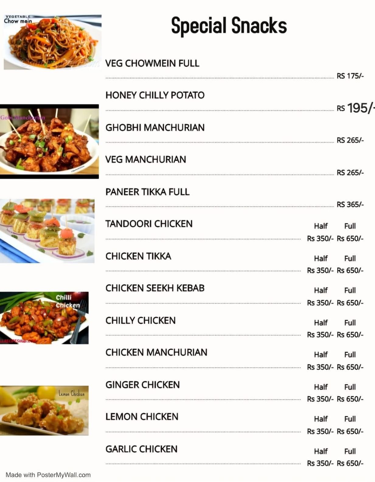 A menu of the Special Snacks offered by our delivery service - Motel Divine International, Roorkee