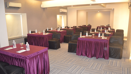 seating arrangements inside the Sapphire banquet hall - VITS Sharanam Thane