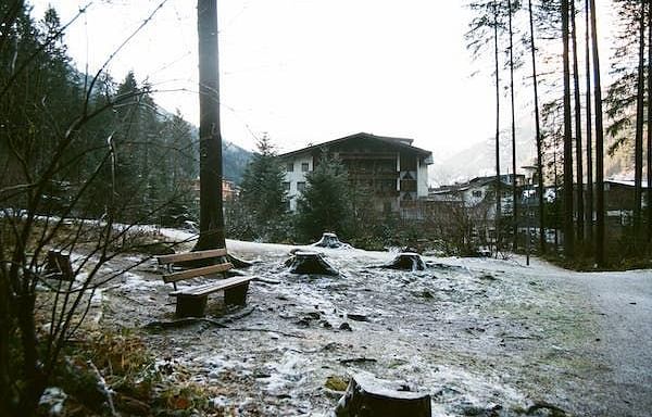 An open area features a bench with a charming house in the background, while a flowing river adds to the tranquil ambiance. This serene setting invites relaxation and appreciation of the natural surroundings.